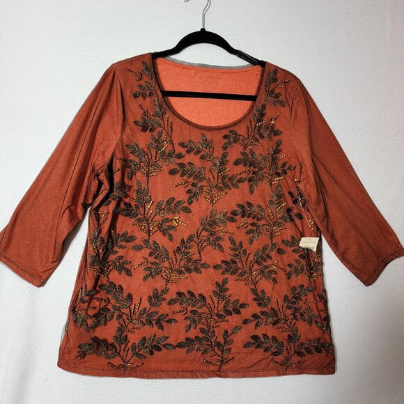 VTG Coldwater Creek Womens Top Sz XL 3/4 Sleeve Black Mesh Floral Overlay Rust - Picture 1 of 14
